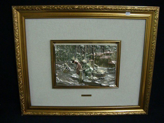 Italian 925 Silver Plaque by Paolo Schiraldi: "Washing the Clothes"Mounted on a gallery frame which is then mounted on a mat and put into a gilt frame. 8 1/4"h. x 12" W. (work itself)