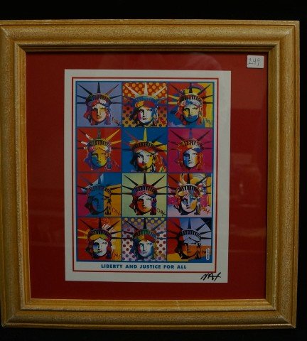 Autographed Peter Max Print: Peter Max: "Liberty and Justice for All". (12 versions of Lady Liberty - a memorial to 9-11 Ground Zero). Signed by Mr. Max and framed. Overall 16 1/4" x 15 1/4"