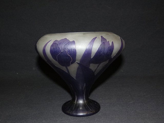 Kosta Cameo Glass Vase: Signed Kosta. Artist signed K. Lindberg. Numbered indiscernibly Tulip decorated acid cut back vase. Early Kosta vase before merger with Boda. 6"H.