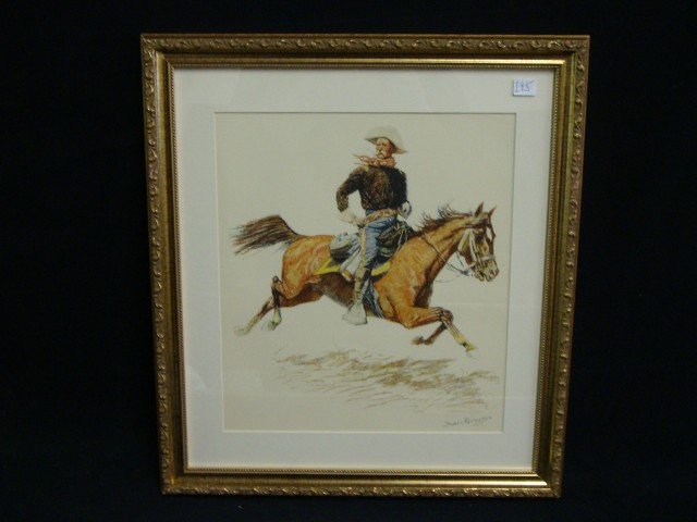 Frederic Remington Western Lithograph: Gallery mounted and framed. 13 1/4"H. x 11 1/2"W.