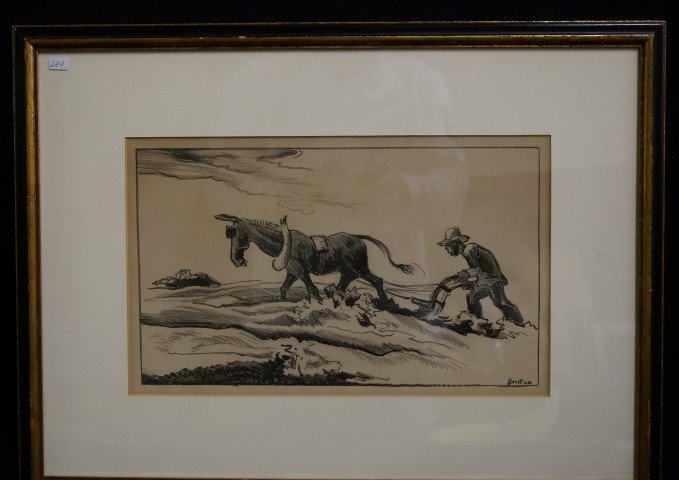 Thomas Hart Benton; Original lithograph signed: Lithograph, Plowing signed in the plate. Labels on reverse; 8.5in. X 14in.