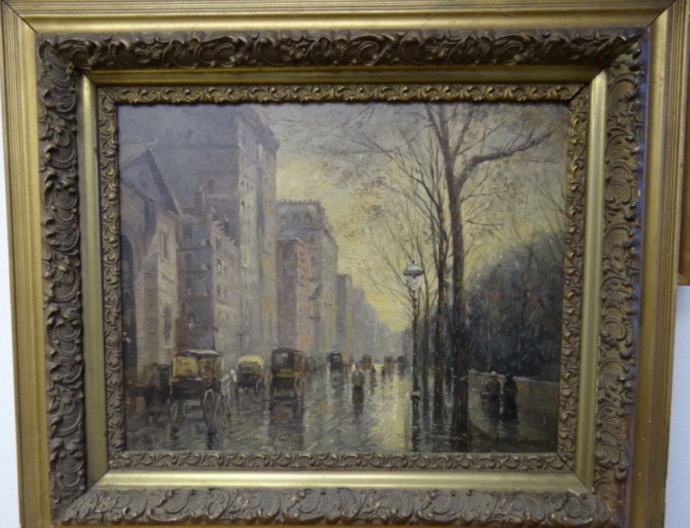 Paul Cornoyer; Oil on Canvas Signed: Paul Cornoyer; American oil "Rainy Evening along the Park" signed l.r.; 16" x 20"
