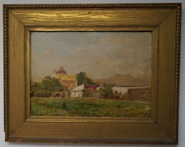 Albert Bierstadt; oil painting signed: Oil on paper/board, sketch for Tres Marias(in distance)Cuernavaca, Mex signed l.r with monogramed intials and dated 1879. Inscribed on reverse; 10in. X 14in.
