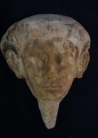 Early Eygptian wood carving: Carved wood head of an Eygptian pharoah. Circa 1000-900 BC, 22nd dynasty; 11.5in. H. x 9in. W. Obtained from a Storm King Mountain house many years ago