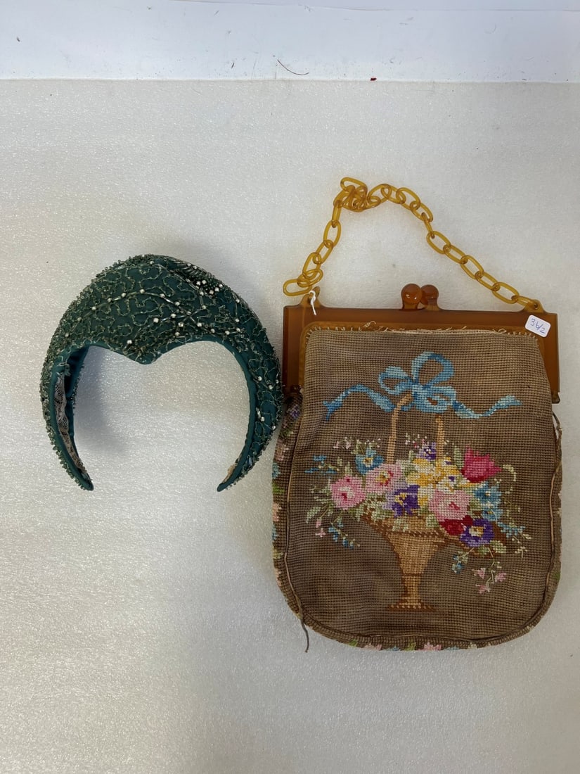 Antique Needlepoint Purse with Amber Frame and Vintage Hat (1 of 3)