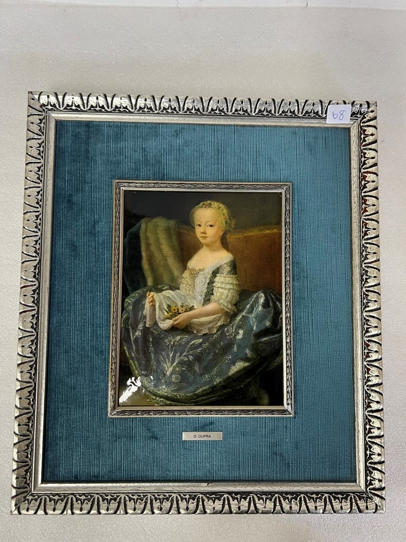 G. Dupra Porcelain Plaque: Classical Lady. Velvet mat and silver inner and outer frame. 16 1/2" H 14 1/2" L