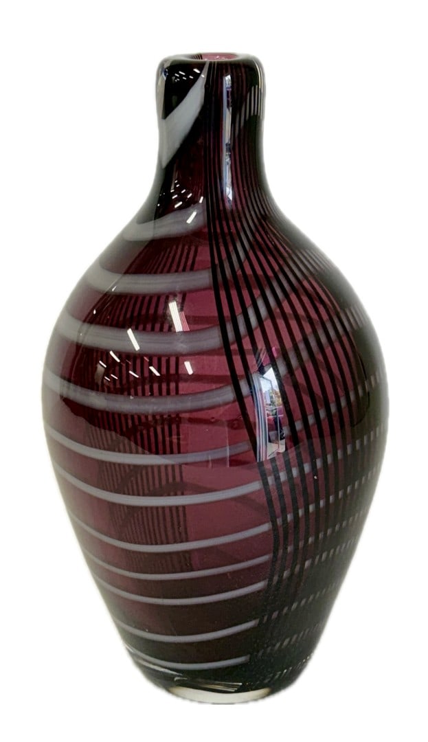 Danish Mid-Century Modern Art Glass Vase: Heavy 1950's art glass vase. Internal spiral decoration. Manner of Vicke Lindstrand; 12 in. Height. x 6 in. Wide