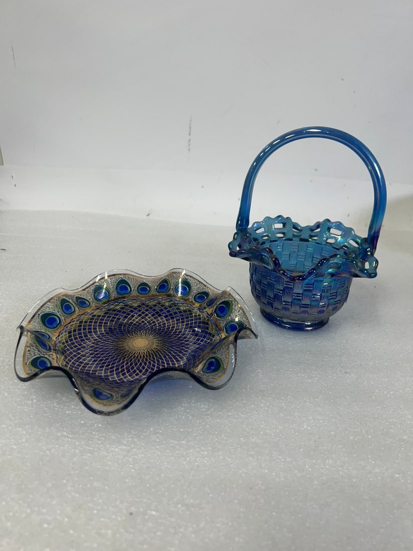 Antique Blue Basket & Art Glass Dish: Handled basket 7 1/2"H x 4 1/2"W and 7"W