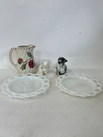 Collector's Lot. Two Cats inc. Hummel; Milk Glass Plates and Hand Painted Pitcher.