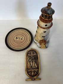 Egyptian Wall Plaque; Creta Pottery Plate & Lighthouse