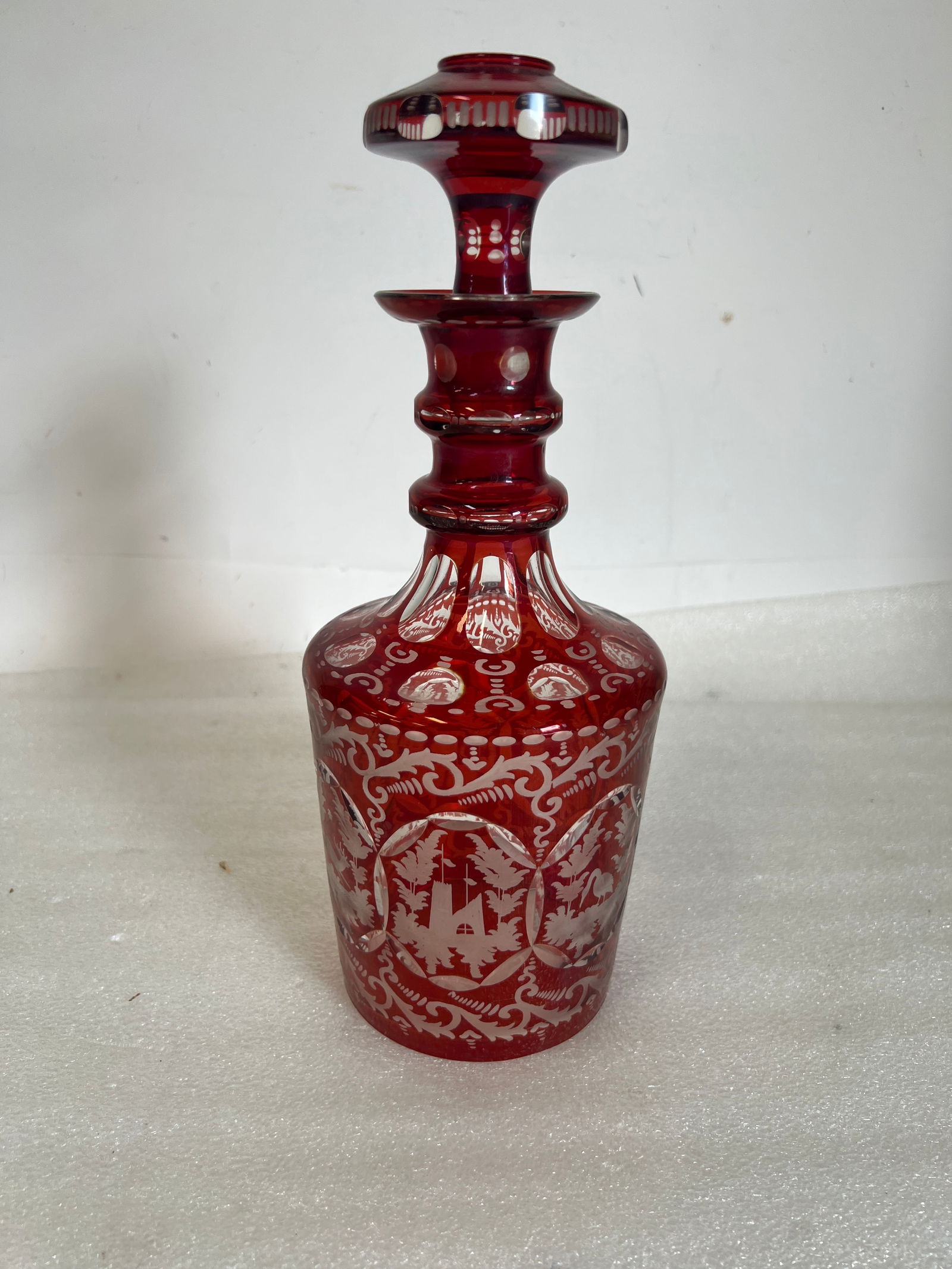 Antique Cranberry to Clear Decanter: Bohemian Glass .As seen in picture 12" H