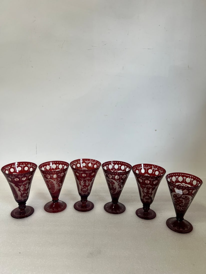 Antique Cranberry to Clear Stemmed Goblets (6): Bohemian Glass As seen in picture 6" H