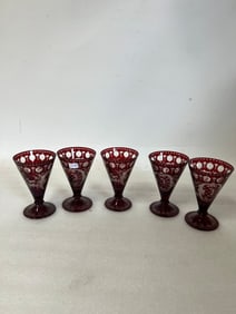 Antique Cranberry to Clear Stemmed Goblets (5)
