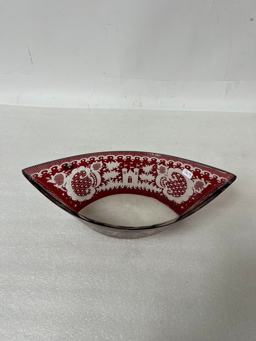 Antique Cranberry to Clear Boat Shaped Bowl.: Bohemian Glass 5"H x 13 1/2"W