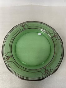 Antique Green Depression Glass Platter Silver Overlay