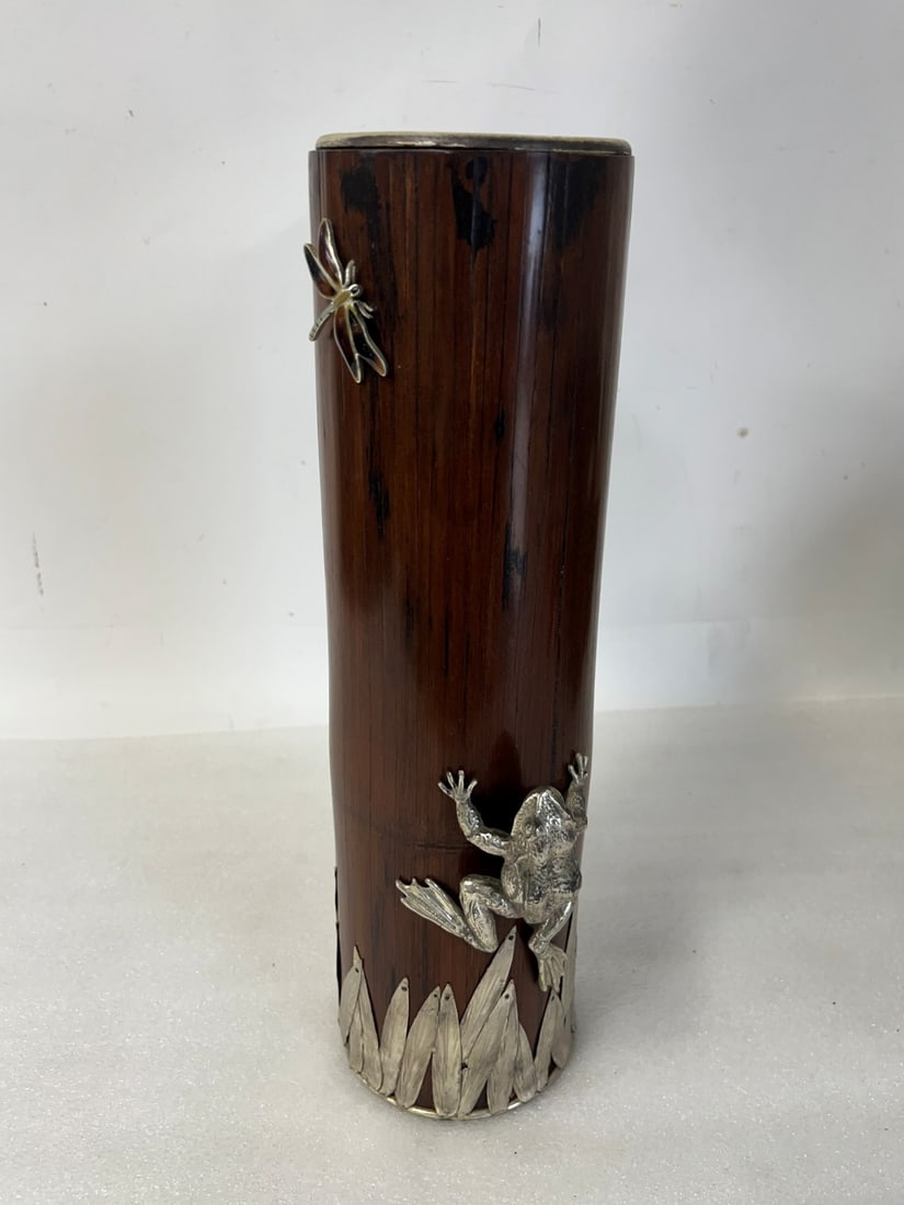 Fine Quality Bamboo Shoot Vase: Applied decoration . Tall bamboo shoot vase with silvered frog , dragonfly and leaf decoration. Good condition 16 1/2"H x 4"D