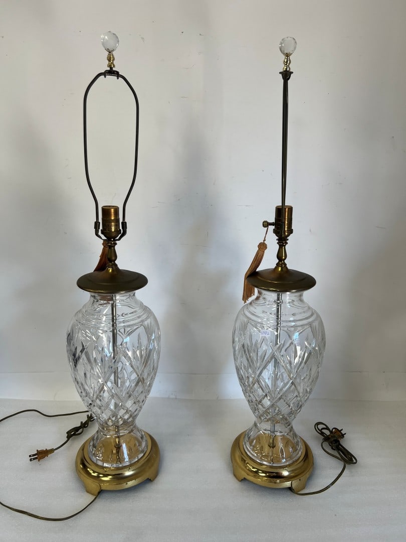 Pr. Signed Waterford Lamps.: Signed in the glass. 35 12: to top of where shade would be. 35 1/2" H