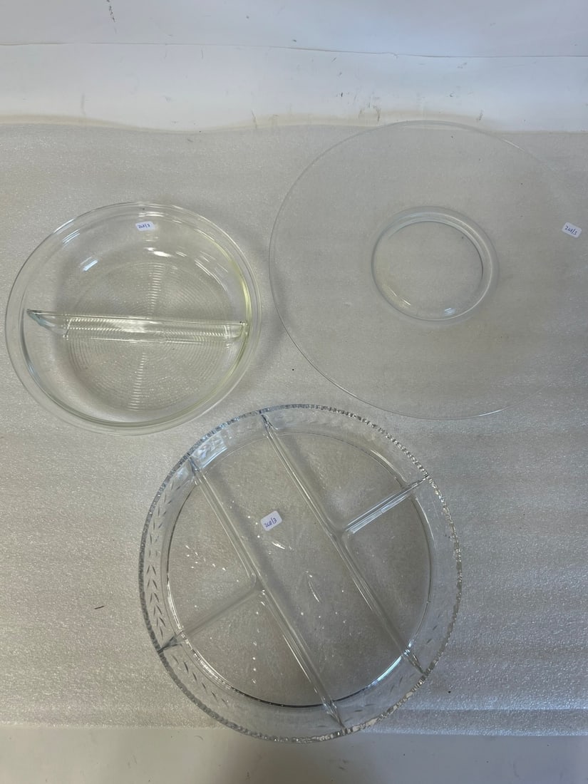 Pyrex Divided Dish & Two Others. (3): Pyrex marked and compartmentallized. 10"D; Large platter 14 1/4"W and compartmentalized dish is 11 3/4"D