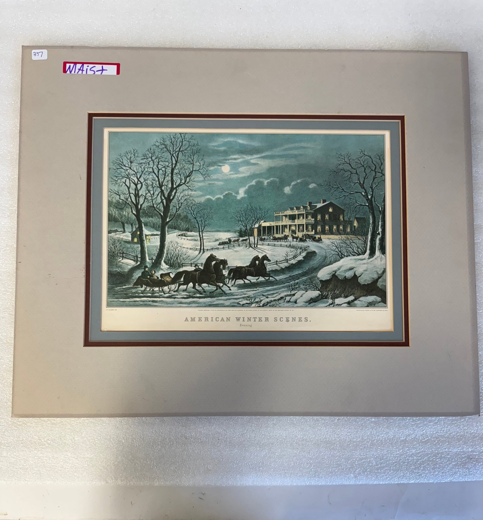 Curriet & Ives Litho American Winter Scene: Marked L. R Lith. by Currier and Ives. F. F. Palmer Engraver . 18 x 22