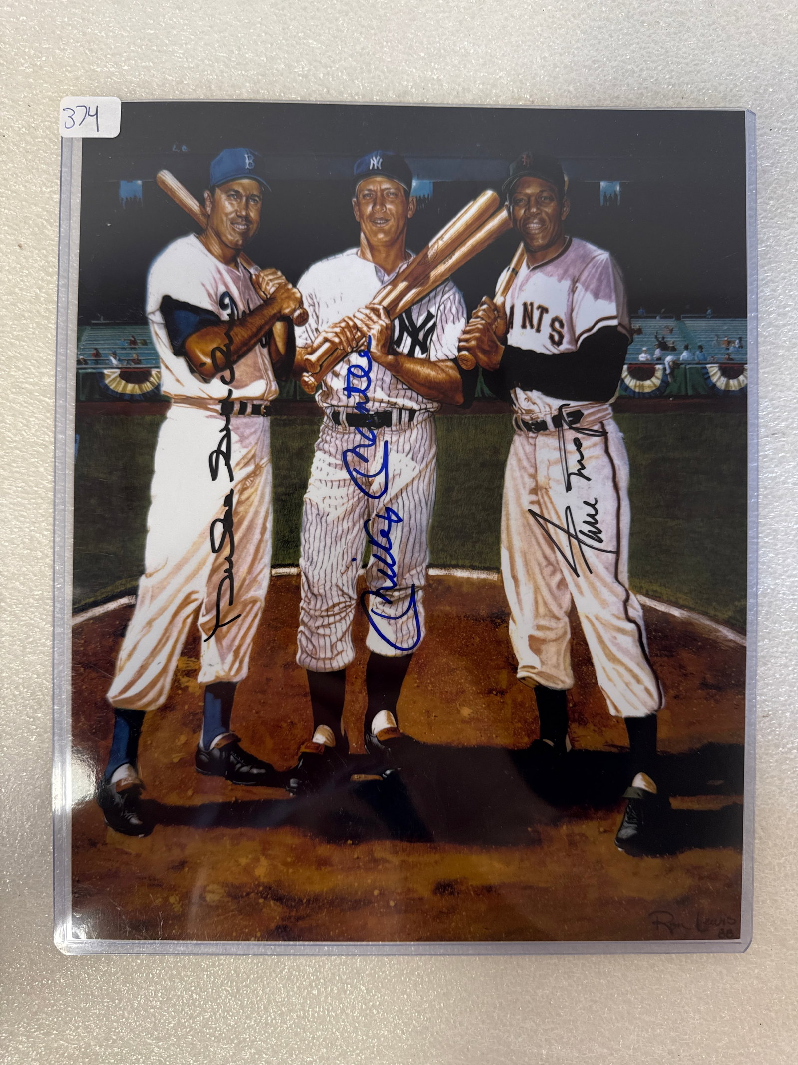 Duke Snider, Mickey Manttle, Willie Mays Artwork Sgd.: 8 x 10 With COA Also signed lower right by photographer Ron Lewis and dated 1988,