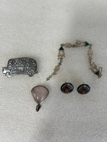 Sterling Silver Lot Pendant, Pin, Earrings, Bracelet (4)