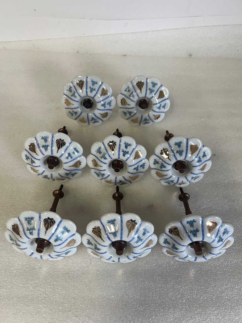 Curtain Tie Backs (4 pr.): White porcelain with floral decorations as pictured