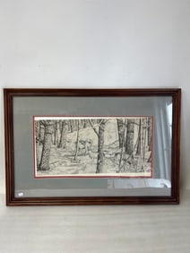 P. Mesick. Lithograph, Deer in Woods