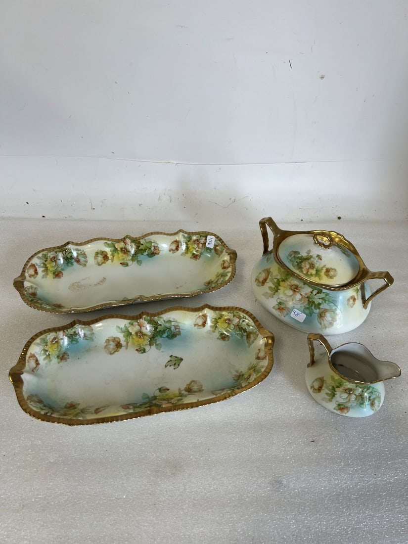 Prussia Royal Rudolstadt China (4): Covered bowl, two serving platters,a creamer 4"H x8 "W, 1 3/4"H x 13"W (platters) 3 1/4:H