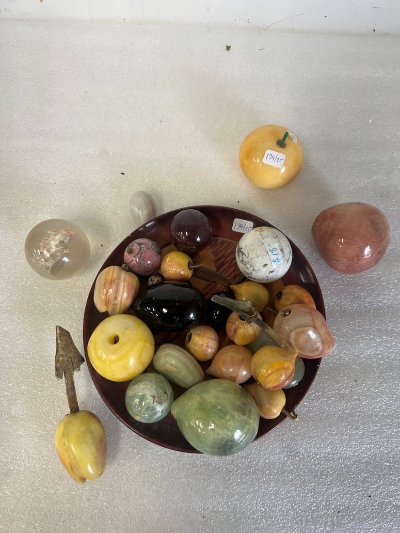 Marble, Agate & Stoneware Fruit Pcs. (25): Housed on a wooden tray. (Fiji) Various sizes.