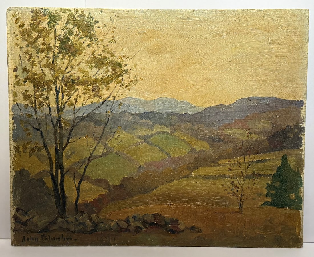 John F. Folinsbee; American Oil In the Catskills Signed: John Fulton Folinsbee(1892-1972); Important American Oil on canvasboard. "In the Catskills" Signed lower left and inscribed with title and signed on reverse; 16in. x 20in.(image), unframed Painted cir