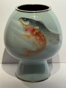 Rare Japanese Wireless and Gold Wire Cloisonne Aquatic Vase Signed