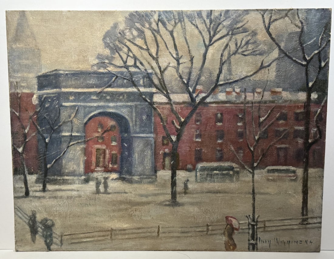 Guy Wiggins; American Oil Washington Square in Winter Signed: Guy Carleton Wiggins(1883-1962) oil on canvasboard. Washington Square in Winter. Signed lower right; 14in. x 18in.(image)