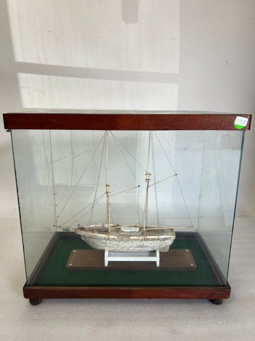Sailing Schooner Bone. In Case: Glass case. Back panel cracked. Case is 15" x 8 1/2"x 14 1/2"