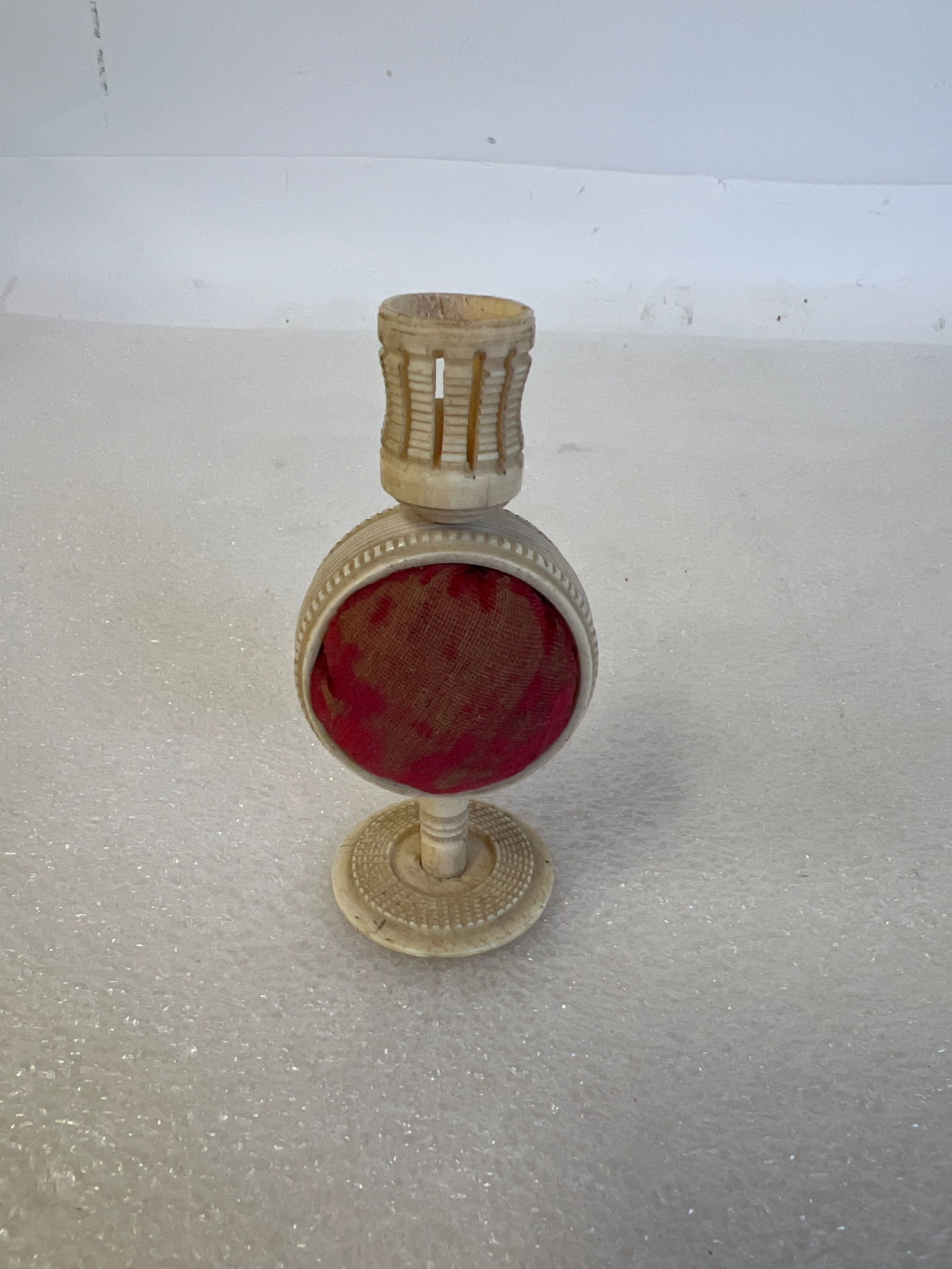 Antique Thimble Holder w/Pin Cushion: Bone 3 1/2" H Sewing accessory for collection