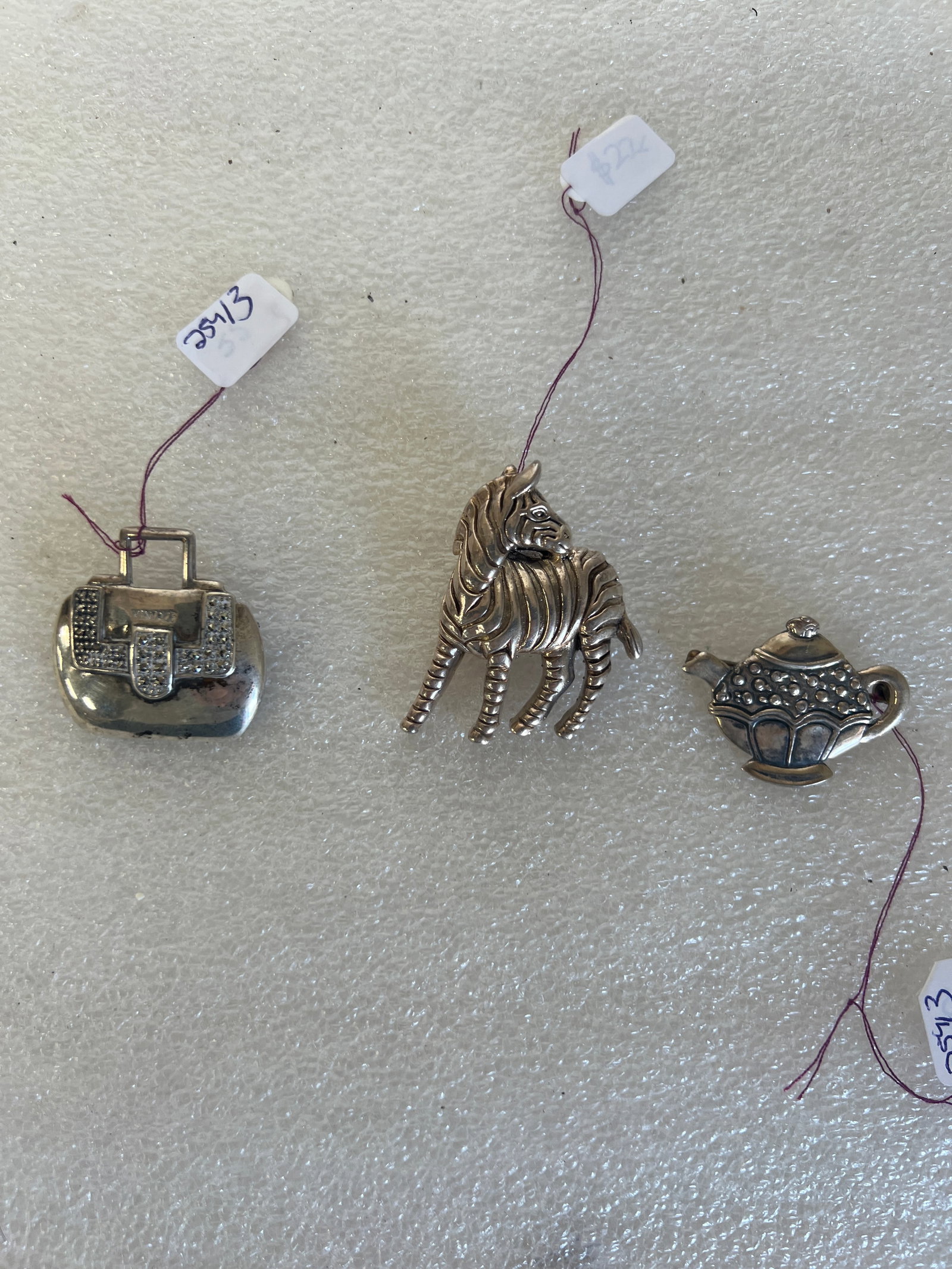 Vintage Sterling Silver Brooches (3): A purse, a zebra and a teapot