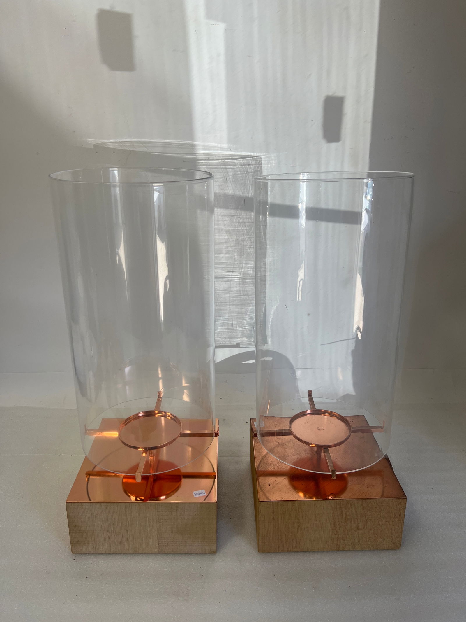 Pr. of Copper & Glass Candle Pillar Holders. (1 of 2)