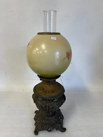 Antique Oil Lamp. Hand Painted Shade