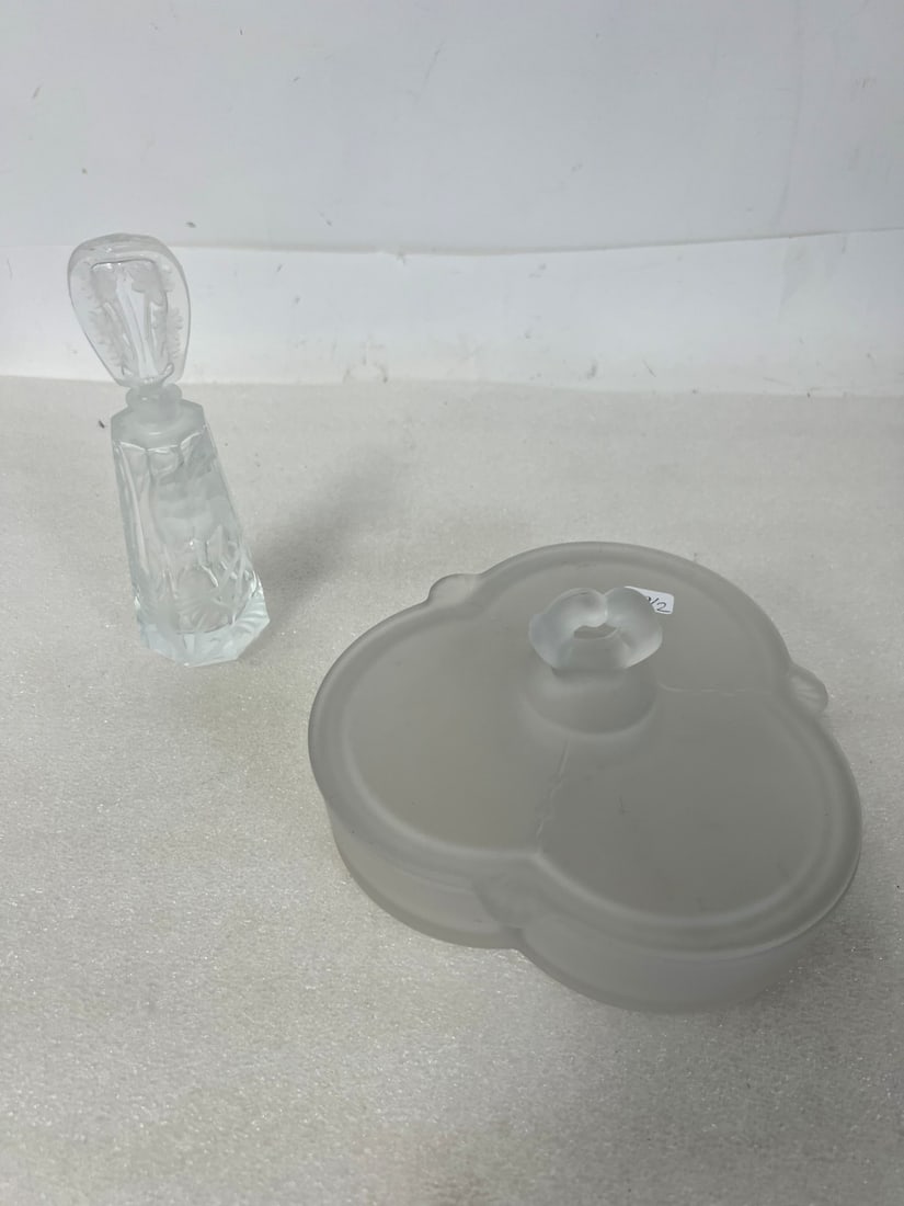 Vintage Perfume Bottle and Dresser Box: Well engraved perfume bottle and compartmentalized covered dresser box. 7"H and 7"W