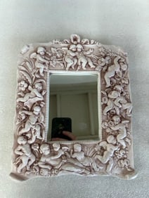 Ornate Pottery Mirror Cherub Framed.