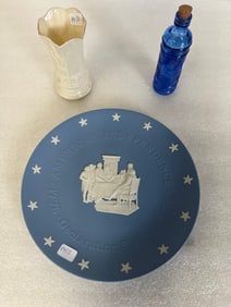 Belleek, Blue & White Plate & Bue Glass Bottle (3)