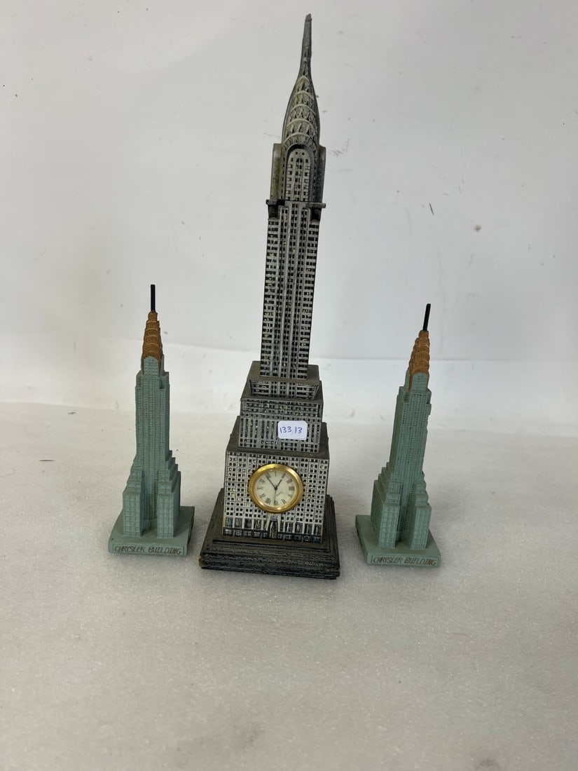 Chrysler Building Figures (3): 2 are marked Torkia 7 1/2"H ; the other is an unusual collectile table clock 13 14"h