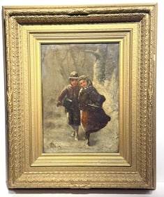 Henri Van Seben; 19thC. Belgian Oil - Winter Stroll Signed