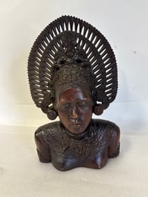Early 20thC. Intricately Carved Indonesian Wood Bust of a Woman