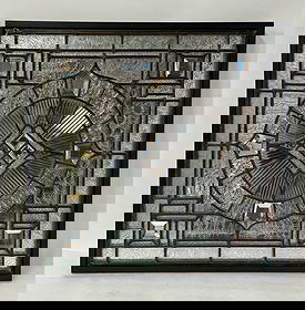 Magnificent Antique Leaded Glass Window Panel: Antique geometric clear beveled and textured leaded glass window panel. Framed for hanging; 26.25in.H. x 26.5in.W.