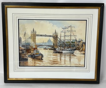 Bert Wright; 20thC. English Watercolor "Tower Bridge - River Thames" Signed