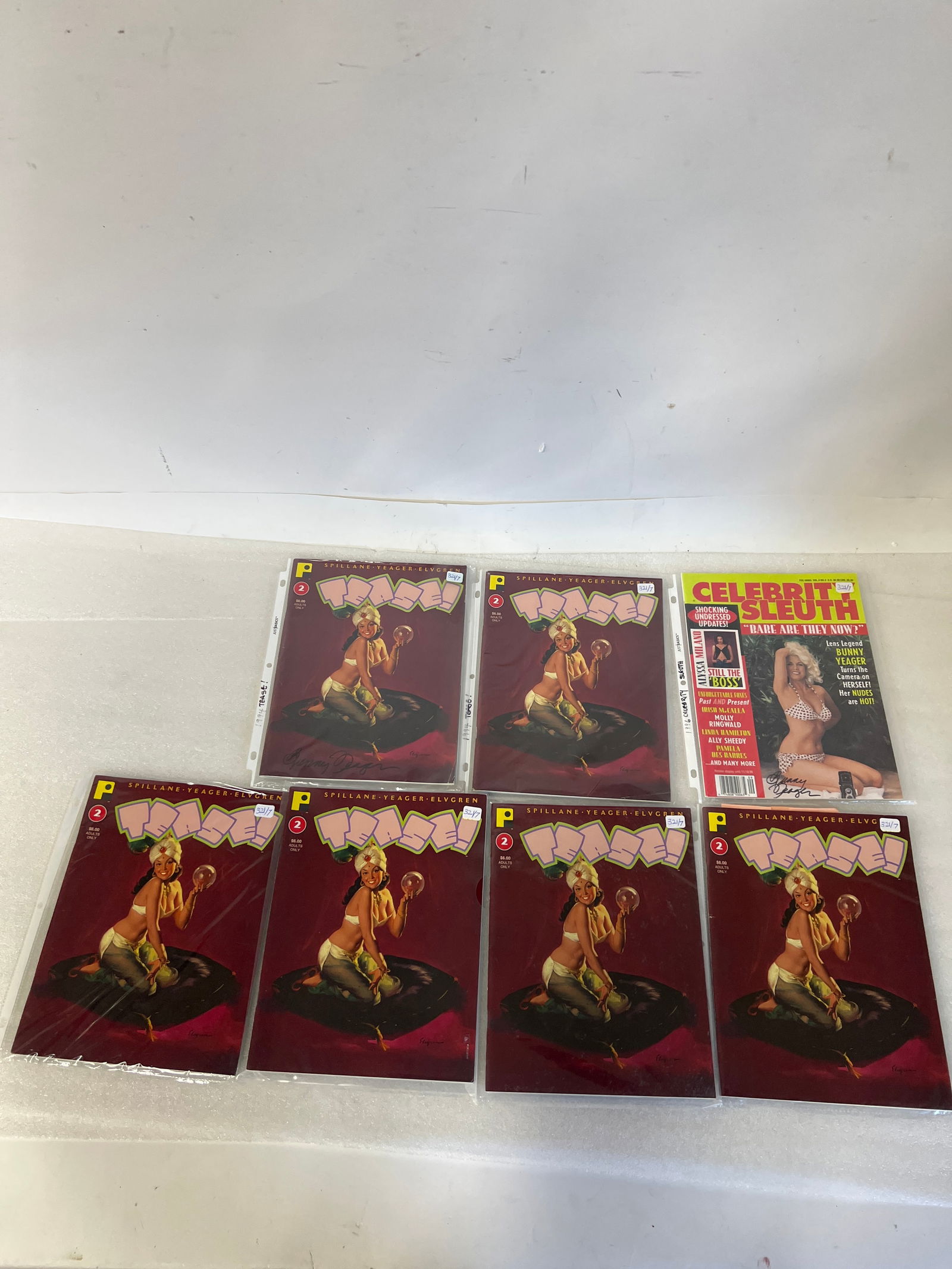 6 Tease Magazines and One Celebrity Sleuth (7): As Pictured 11" by 8" Celebrity Sleuth Sgd Bunny Yeager. One Tease Magazine Sgd Bunny Yeager.