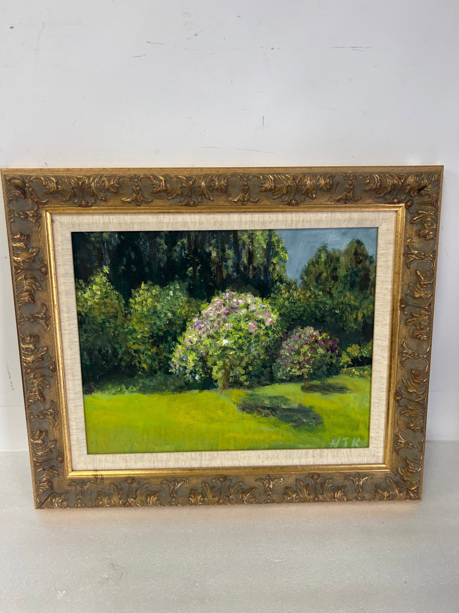 Oil on Canvas. Lilacs Signed H J K,: Gilt frame. 18" x 21 1/2"W