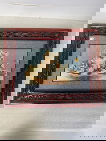 Unusual Woven Silk Framed Rotating Cats & Dogs Paintings