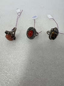 Antique Sterling Silver Carneliian & Other Gemstone Rings (3)