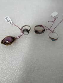 Antique Sterling Silver Rings (3) & Victorian Gilt and Amethyst Brooch (4)